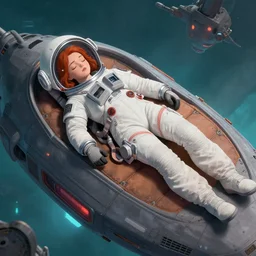 fae valentine lying down ontop of her spaceship taking a nap