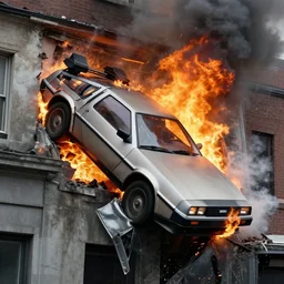 photograph of a delorean that has crashed into a building, fire, smoke, by greg rutowski