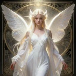 portrait of a ethereal magical young winged fairy princess wearing a white robe, d & d, fantasy, intricate, rim light, god rays, volumetric lighting, dark souls, elegant, highly detailed, digital painting, artstation, concept art, smooth, sharp focus, illustration, orthodoxy, art by greg rutkowski, maxfield parrish and alphonse mucha, new art nouveau, tarot card