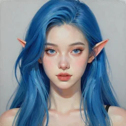 elf girl, long blue hair, beautiful features, portrait, painting by alphonse muca, greg ruthowski, craig mullins, ruan jia, wlop, very beautiful and detailed, artstation, high quality