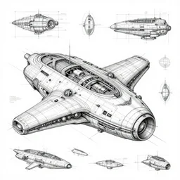 Futuristic Neo Solar punk Space ship schematics, Leonardo DaVinci , Line art, Technical drawing, Spaceship parts manufacturing blueprints.