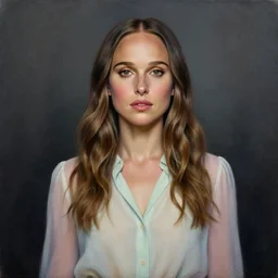 epic painting drawing, full figure portrait of beautiful nathalie portman wearing pastel blouse, long wavy hair, dark smoky background, photography by amy leibowitz, wlop, jeremy lipkin, beeple, intricate, symmetrical front portrait, artgerm