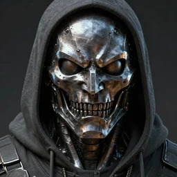 a menacing iron detailed male face made of steel wearing hoodie strong jawline epic detailed and intricate digital painting trending on artstation by wlop octane render
