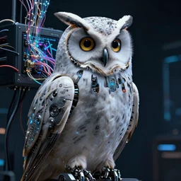 portrait photo of a biomechanical owl of an elegant cyborg plugged into a quantum computer with cables and wires and optic fibers. cyberpunk horror style. art by luis royo. highly detailed 8 k. intricate. nikon d 8 5 0 5 5 mm. award winning photography.