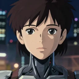 a anime portrait of a cyborg woman, finely detailed features, closeup at the face, sharp focus, aesthetically pleasing art, night time city background, cinematic lighting, background blur bokeh!! highly detailed, intricate, smooth, anime!! artstation, trending on pixiv fanbox, painted by greg rutkowski, studio ghibli, yoji shinkawa, hayao miyazaki, mappa,