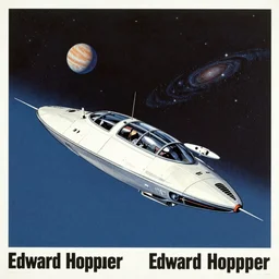 poster of a spaceship flying through the galaxy with a planet visible above, 1950s art deco, retrofuturism, edward hopper,