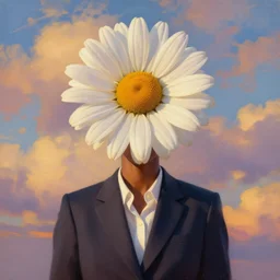 portrait, giant daisy flower as head, black woman in suit, surreal photography, golden hour, colorful clouds, impressionist painting, digital painting, artstation, simon stalenhag