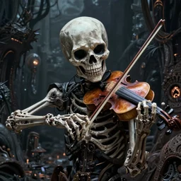 a skully portrait of a mysterious being playing fiddle by beksinski, enclosed dark damp liminal post apocalyptic space, unreal engine, intricate details, ultra realism atmosph