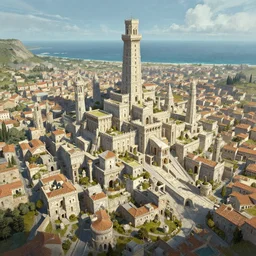 aerial view of an utopic roman fantasy town near the ocean by ralph horsley, marble buildings, a huge tower in the skyline, rossdraws, matte painting, stylized background, cinematic lighting, maya, pixar, unreal engine, artstation