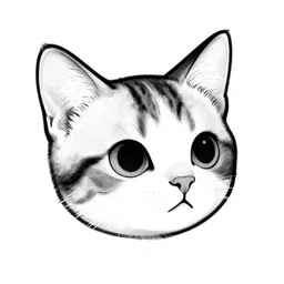 comic book style black and white art of a floating kitten head, white background