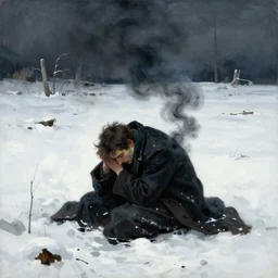 a lonely man curled up with black smoke coming out of him, on a white snowy post apocalyptic field, painting by beksinski