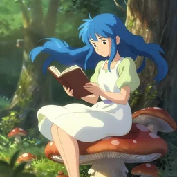 a fairy with blue hair sitting on a mushroom while reading a book, by makoto shinkai artgerm ilya kuvshinov, anime style, anime concept art, dynamic lighting, highly detailed