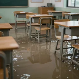 photo of a middle school classroom, the floor is flooded with one meter deep water. eerie, volumetric lighting