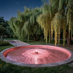rose gold pond, willow trees, starlight
