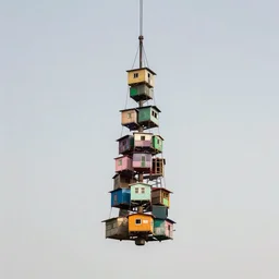 a suspending tower made up of colourful makeshift squatter shacks, mamiya, 8 5 mm, f 1. 7, uniform plain sky, digital glitches, photographed by tim walker