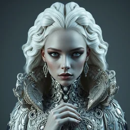 portrait of beautiful female albino black model, perfect symmetrical pose, sharp, by irakli nadar with intricate detailed wearing silver victorian dress designed by alexander mcqueen and rocky gathercole, haunting, elite, elegant, ruan jia, dark, hyper detailed, concept art, intricate, detailed