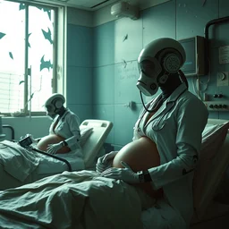 big budget science fiction movie set in a trashed war torn hospital about a sexy female cyborg doctors in rubber and gas mask giving memory transplants to bizarre pregnant aliens on hospital beds