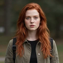 red - haired girl in a jacket with shoulder straps