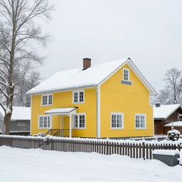 yellow house in the snow