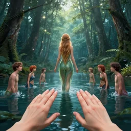 forest nymph rising from the water. view from behind, wide angle view, back view. nuri iyem, james gurney, james jean, greg rutkowski, anato finnstark, davinci, emma watson, gigachad. trending on artstation, starlight, and enchanted dreams. instagram photo shoot, trending on pinterest, corrected hand, perfect hands