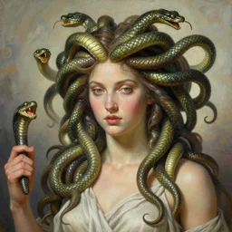 realistic mythological greek medusa, snakes on the head, by thomas kinkade - n 9