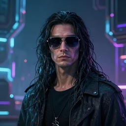 a mistic man with  long hair bear and dark glasses in a psychedelic metaverse, 16 K 3D ultrarealistic futuristic utopian and dystopian art, cry engine
