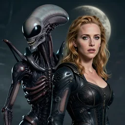portrait of a beautiful young gillian anderson with an alien xenomorph queen by h.r. giger, detailed, proportional, trending on art station, cinematic, octane, 4k