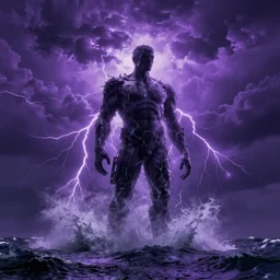 a water giant, standing over violent stormy waters, massive electrical storm clouds in epic purple sky, dark night, digital art, cinematic, hd, trending on artstation