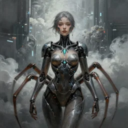 ultra realist and ultra intricate detailed soft painting of an armored female with cyber biomechanical spider like body,  symmetry features, sensual gloomy style, volumetric clouds,  cyberpunk background, artstation,  unreal render, depth of field