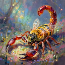 a bee with the backend of a scorpion, vivid colors, extremely detailed digital painting, in the style of fenghua zhong and ruan jia and jeremy lipking and peter mohrbacher, mystical colors, rim light, beautiful lighting, 8 k, stunning scene, raytracing, octane, trending on artstation