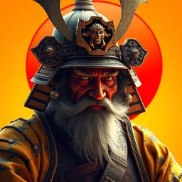 old samurai, with vibrant yellow, colors, surreal, a french baroque by alexander mcqueen, hyper detailed, very detailed, photograph, cinematic lighting, photorealistic, octane render, no red background, big red sun in background