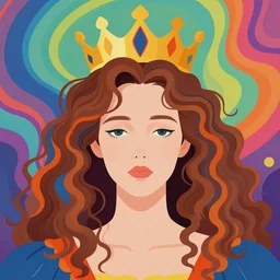 a colorful vibrant closeup portrait of a simple caucasian woman royalty crown queen with curly mid length brown hair with a calm afraid aesthetic face and dreaming psychedelic hair, by kawase hasui, moebius, edward hopper and james gilleard, zdzislaw beksinski, steven outram colorful flat surreal design, hd, 8 k, artstation