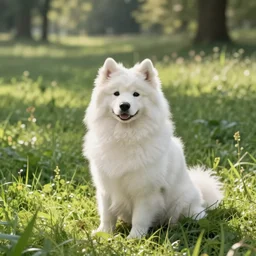 a samoyed dog sitting in the middle of sunny meadow, by Carl Barks
