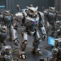 an army of evil, malevolent, robot mechincal owls using computers. this 4 k hd image is trending on artstation, featured on behance, well - rendered, extra crisp, features intricate detail and the style of unreal engine. volumetric lighting