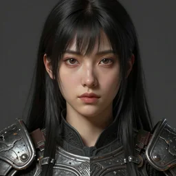 realistic detailed painting of woman, fair skin, big eyes, long black hair, no bangs, wearing sculpted textured armor, battle damage, intricate complexity, close-up of the front of the face, resolute expression, back lighting, 4K resolution, symmetric, clear facial features, by Ruan Jia and Mandy Jurgens and William-Adolphe Bouguereau, Karol Bak, smooth, sharp focus, Unreal Engine 5, digital render, intricate, ultra realistic, concept art,