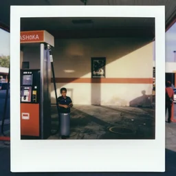 Ashoka at a gas station, 90s polaroid, by Saul Leiter, Jamel Shabazz, Nan Goldin