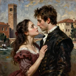 juliet ( young natalie portman ) and romeo ( young jesse eisenberg ) in the 1 6 th century verone, tragic, theatrical, dramatic oil canvas by henry meynell rheam