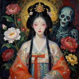 elegant flowers, gorgeous korean goddess, beautiful zombie, necronom v painting by lise deharme and hr giger, lovecraft, vibrant color scheme, v - neck blouse