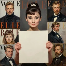 korean audrey hepburn holding blank poster, vogue magazine, elle magazine, greg rutkowski, john singer sargent, trending on artstation, oil painting, intricate