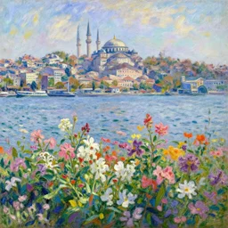 a flowered Istanbul Bosporus view with style of Claude Monet impressionism