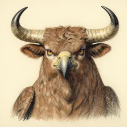 a creature with the body and eyes of a man, with the beak of an eagle and the horns of an ox. drawn by francis bacon
