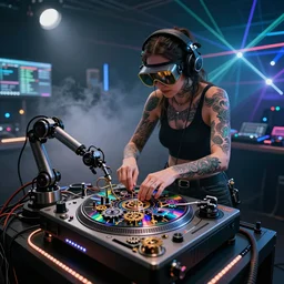 a tattooed woman wearing goggles and visor and headphones using an intricate clockwork record player turntable contraption, robot arms, wires and tubes everywhere, turntablism dj scratching, intricate planetary gears, cinematic, imax, sharp focus, led light strips, bokeh, iridescent, black light, fog machine, hazy, computer screens, lasers, spotlights, light trails, hyper color photograph