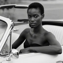 black fashion model, background bel air convertible, photo by peter lindbergh, highly detailed