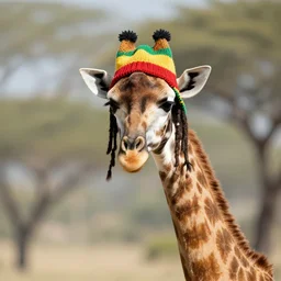 A full shot of a giraffe with a knitted Rastafarian hat, dreadlocks, 8k