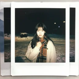 polaroid of a young japanese woman on a snowy night