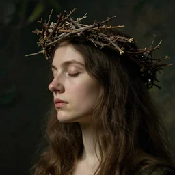 woman's profile, long hair, closed eyes, wearing a twig crown by Hendrick ter Brugghen and William Eggleston. masterpiece. hq. ultra detailed. realistic. moody. plants in the background. cinematic.