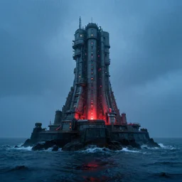 a futuristic fortress tower in the middle of the rainy ocean, highly realistic concept art, blue cold atmosphere, but there is a read light glowing under the fortress, perfectly symmetric composition, great lighting, chiaroscuro, phorohraphy, cinematography, high quality, on trending, beautiful, 4 k