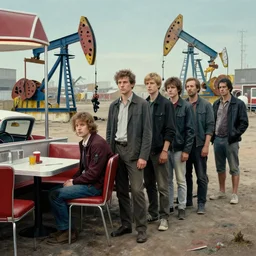 waiting in line for crude oil by simon stalenhag and gil elvgren and tom bagshaw and marc simonetti and jan miense molenaer and arthur adams, surrealism, slums, diner scene, highly detailed, hyperrealism