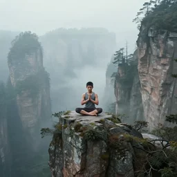 zhangjiajie scenic area, foggy, a boy in yoga clothes meditating on the top of the mountain, focus on meditating, movie texture, 4 k, avatar movie style