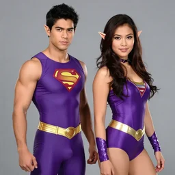 photoshoot of the comic book superheroes the wonder twins, zan and jayna. zan is a young male, very muscular with a purple super hero outfit, and has elf ears, and jayna is a beautiful girl with elf ears and a purple superhero outfit, both are vaguely indonesian, south east asian in appearance, photorealistic, studio lighting, photoshoot in the style of annie leibovitz